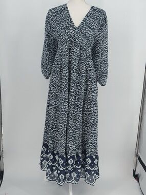 Dolma Navy Flowy Cotton Dress Long Quarter Length Sleeve Size Xl NWOT